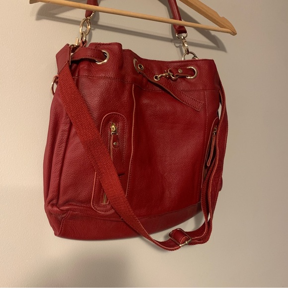 Red Leather Bag- Sam & Kate by Park Avenue. Leopard Print Satin Lining - Picture 2 of 10